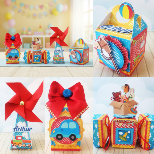 KIT MONTADO - kit personalizados BRINQUEDOS AZUL E VERMELHO, lembrancinhas caixinhas de aniversário festa infantil