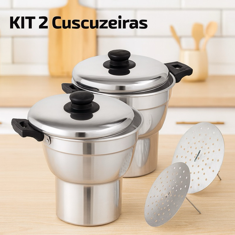Kit com 2 Unidades Cuscuzeira de Alumínio Nordestino Panela  Cuscuz n• 16cm/ 18 cm Polida Alumínio Polido