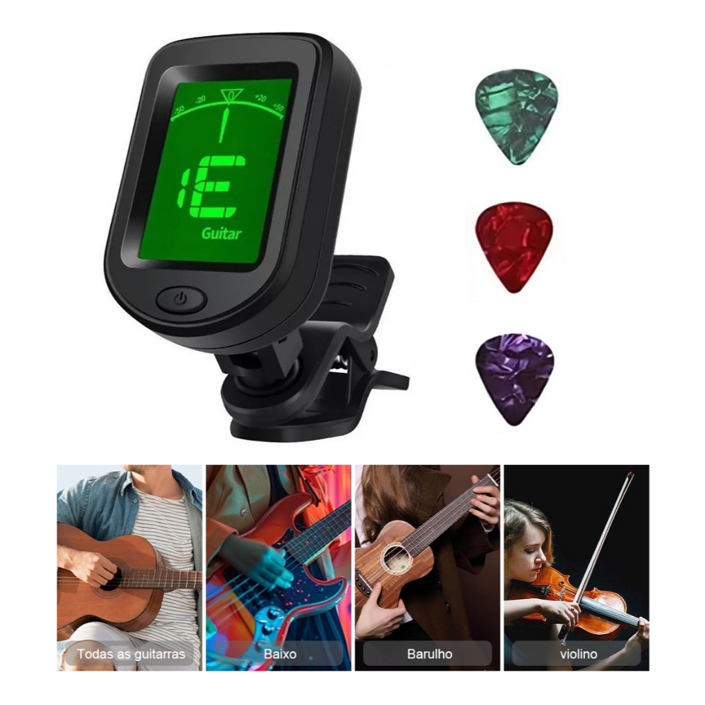 Afinador Violão, Violino, Baixo, Ukulele | Clip Profissional 360° que Protege + 3 Plectros - Presente Perfeito