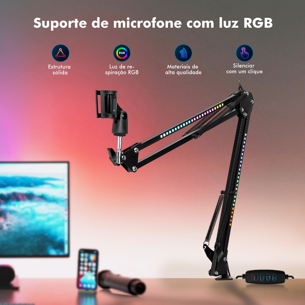 Suporte Articulado para Microfone com Luz RGB + Suporte para Celular (2 em 1) Ajustável WKZJ-35RGB-WD
