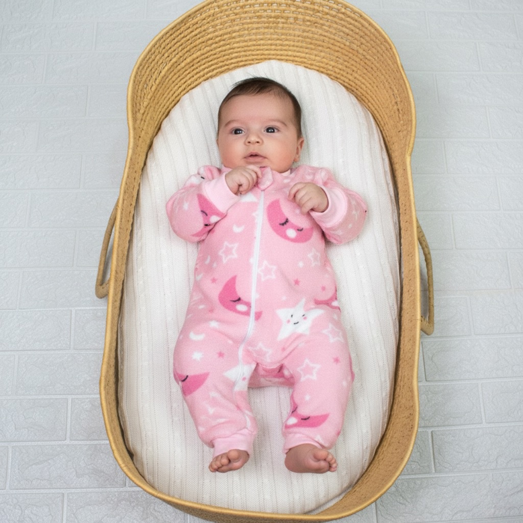 Macacão Estampado Longo Com Punho Para Bebê Peluciado Com Zíper Frontal Enxoval De Inverno Menina
