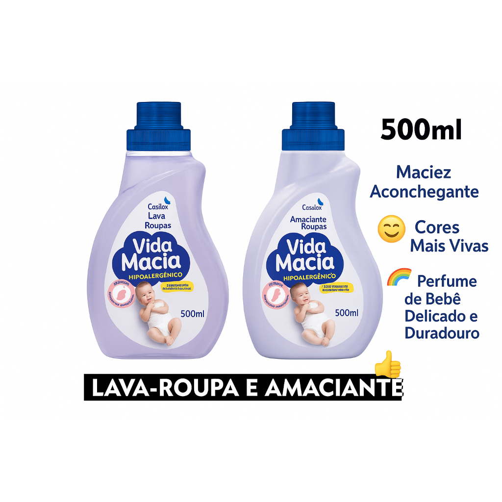 KIT VIDA MACIA LAVA ROUPAS + AMACIANTE HIPOALERGENICO ALGODÃO 500ML