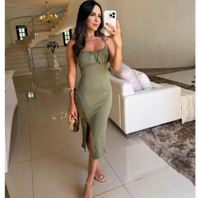 Vestido Feminino Mídi Malha Ribana Canelada Com Fenda Lateral Com Alças Finas Tendencia Verão em Oferta na Shopee