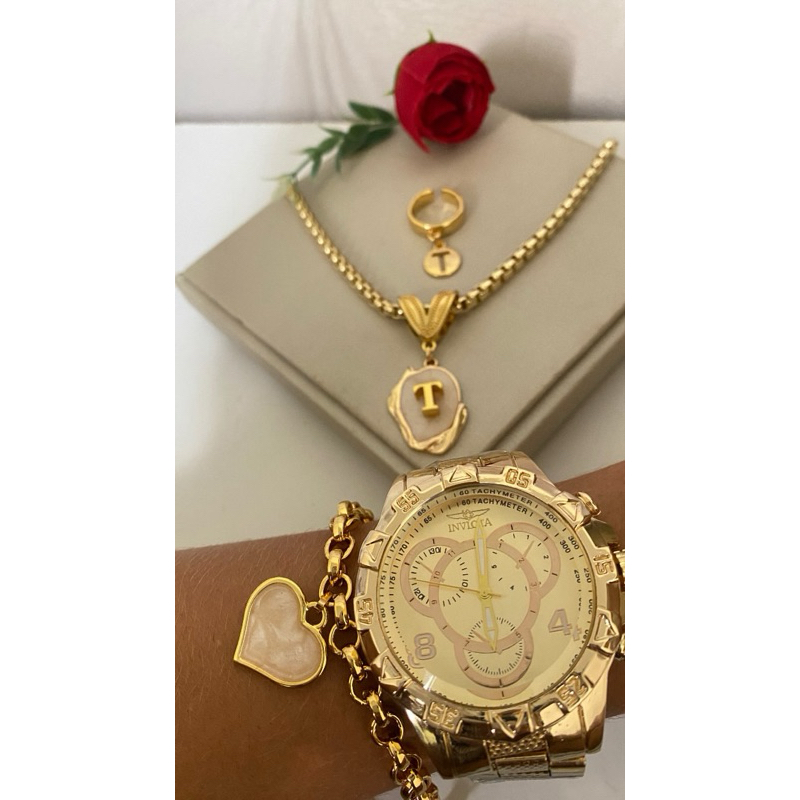 Kit Luxo Feminino com Relógio + Cordão Elo Grosso + Pulseira + Anel Regulável + Pingente Letra | Banhado