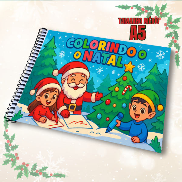 Livro de Colorir - COLORINDO O NATAL - Tamanho A5 com 32 Desenhos + PLÁSTICO PARA NÃO MANCHAR