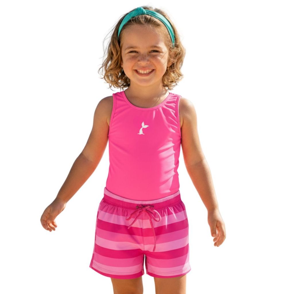 Maiô Infantil Menina + Shorts Estampado Praia Sereia Piscina Natação Proteção Solar Uv