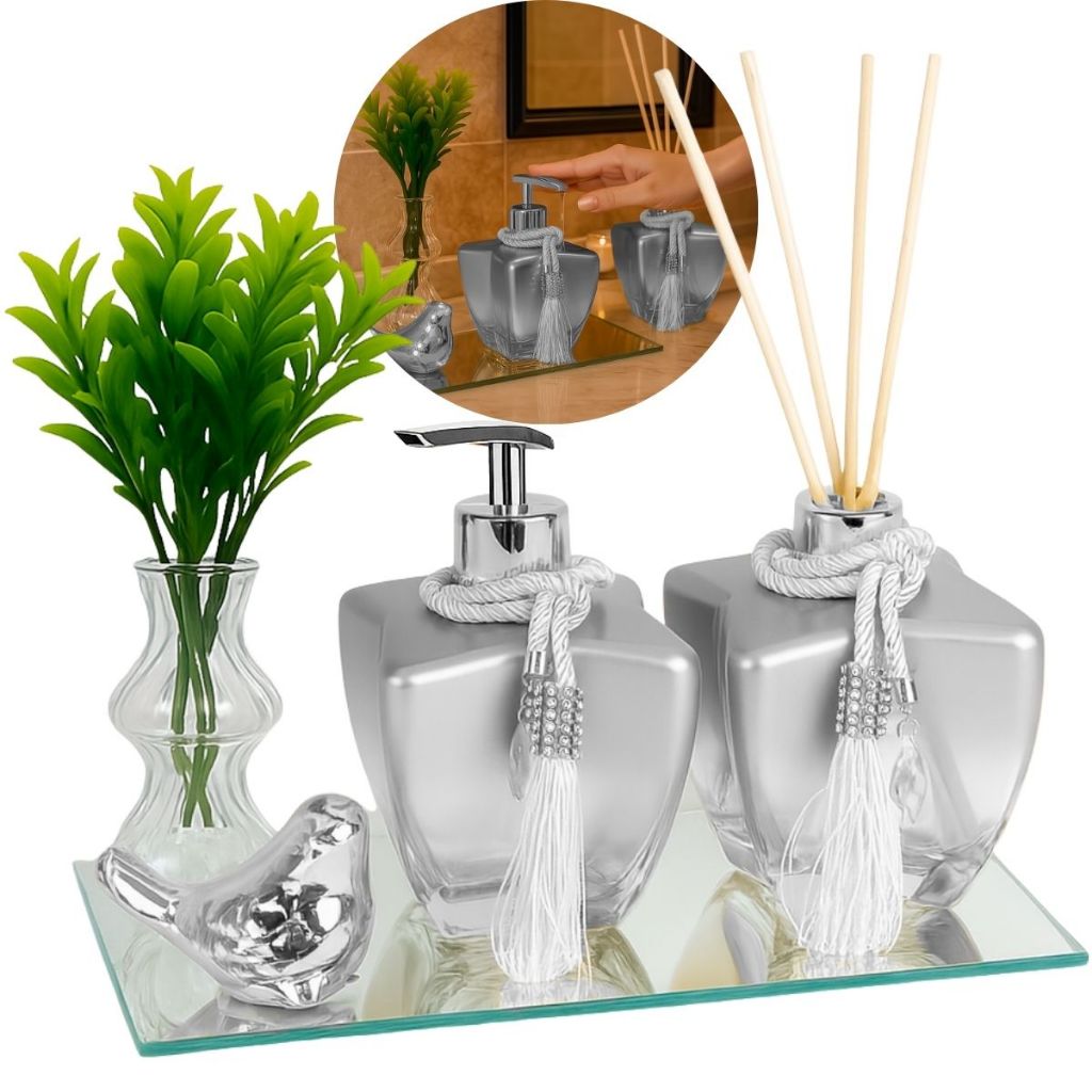 Kit Vidros Degrade P/ Aromatizador De Ambiente C/ Bandeja Decoração Passarinho Porcelana · foto 2