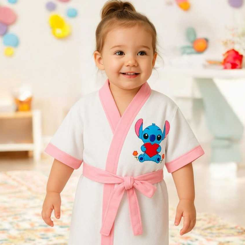 Roupao Infantil Atoalhado Poliester Otima Absorção Personagem Stitch Em 02 Cores Tamanhos 02 ao 12 Lindos