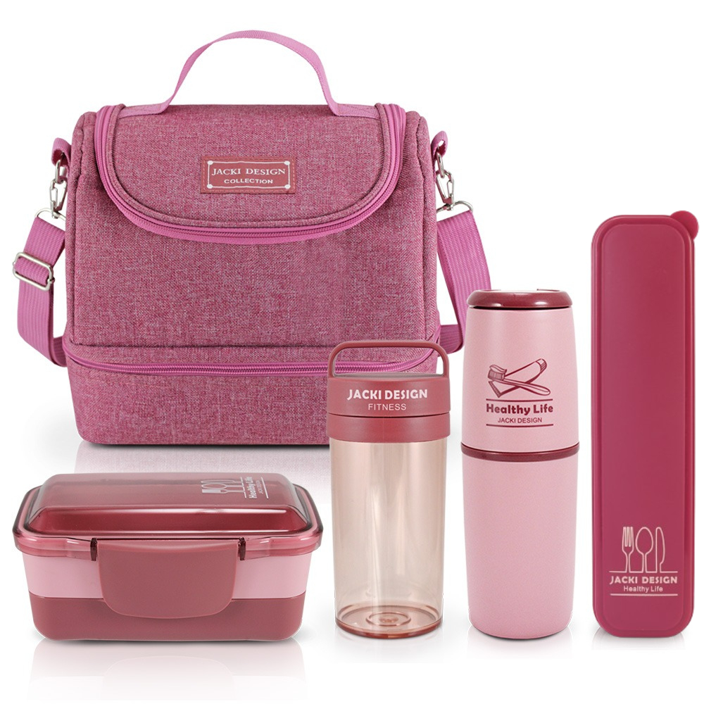 Kit de Bolsa Térmica c/ 2 Compartimentos, Copo e Marmita, Porta Talher e Porta Escova Rosa