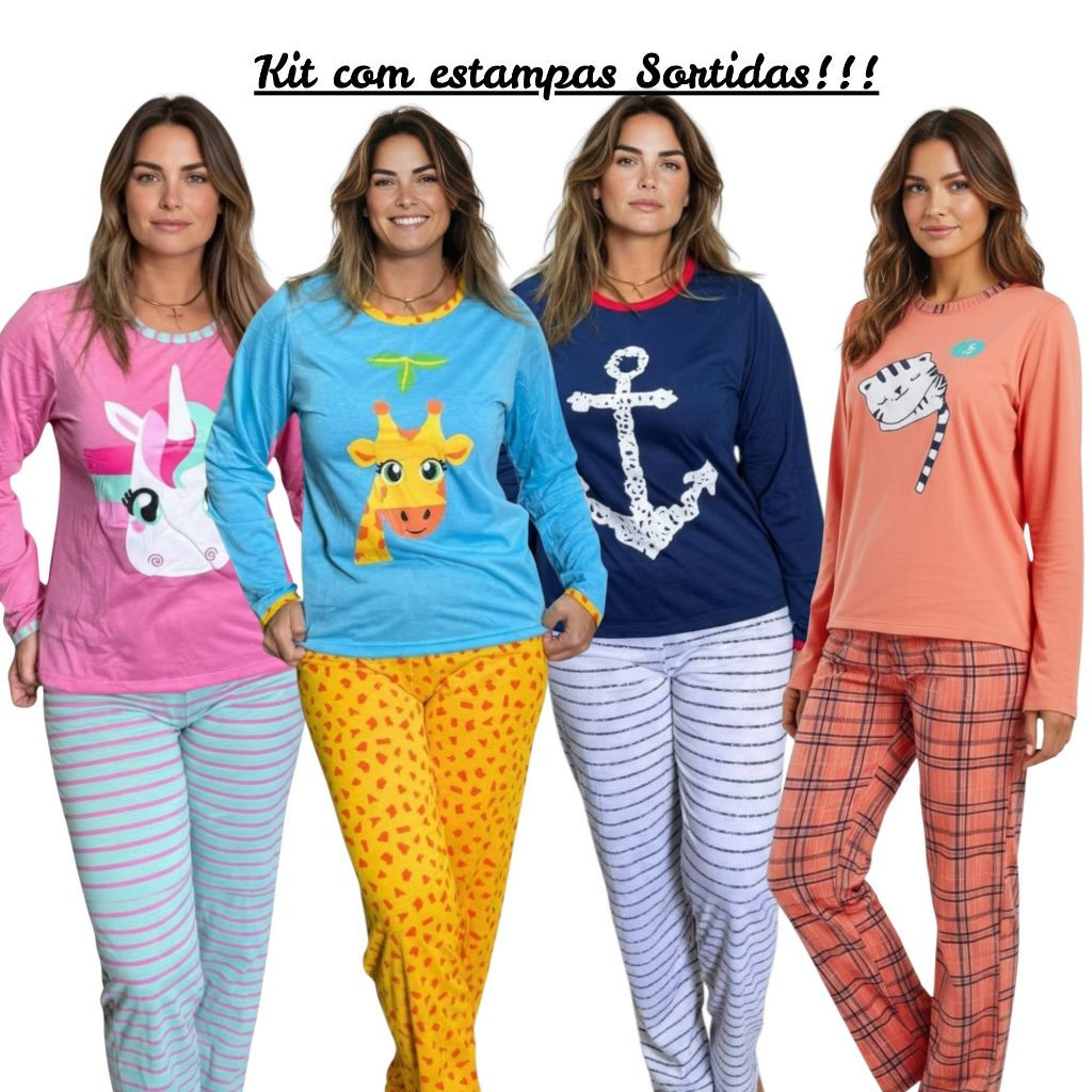 Kit 2 Pijamas Longo Feminino Adulto de Inverno em Malha Premium Estampas Sortidas em Oferta na Shopee