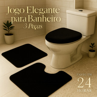 Jogo de Tapete Banheiro 3 Peças Pelúcia Grande Pequeno Algodão Macio Antiderrapante Preto Cinza