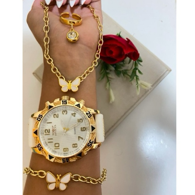 Kit Feminino Luxo Relógio Bruto + Colar Elo Grosso + Pulseira + Anel Regulável | Joias Banhadas a Ouro | Pronta Entrega
