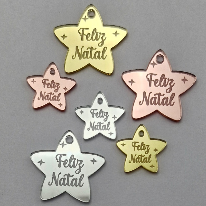 Aplique Estrela “Feliz Natal” – Pingente / Tag – Acrílico Espelhado