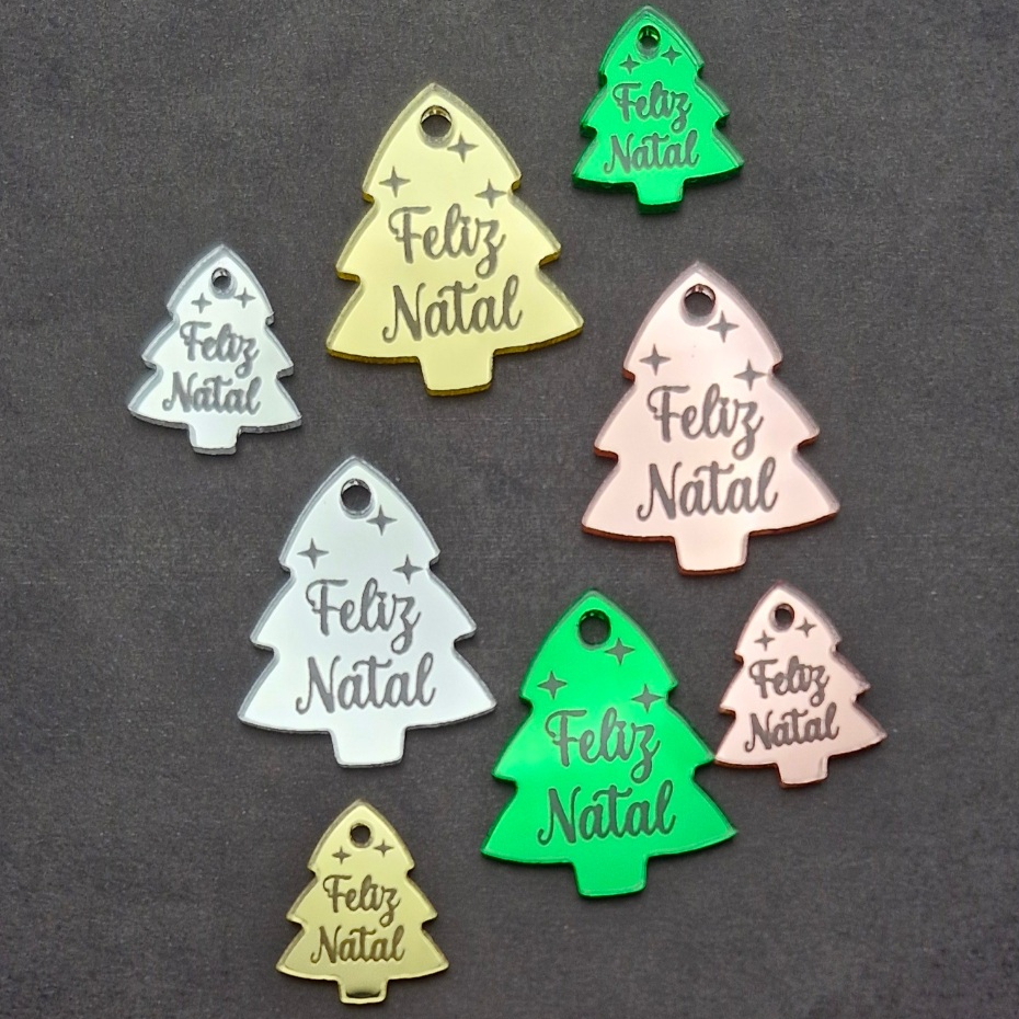 Aplique Árvore de Natal “Feliz Natal” – Pingente / Tag – Acrílico Espelhado