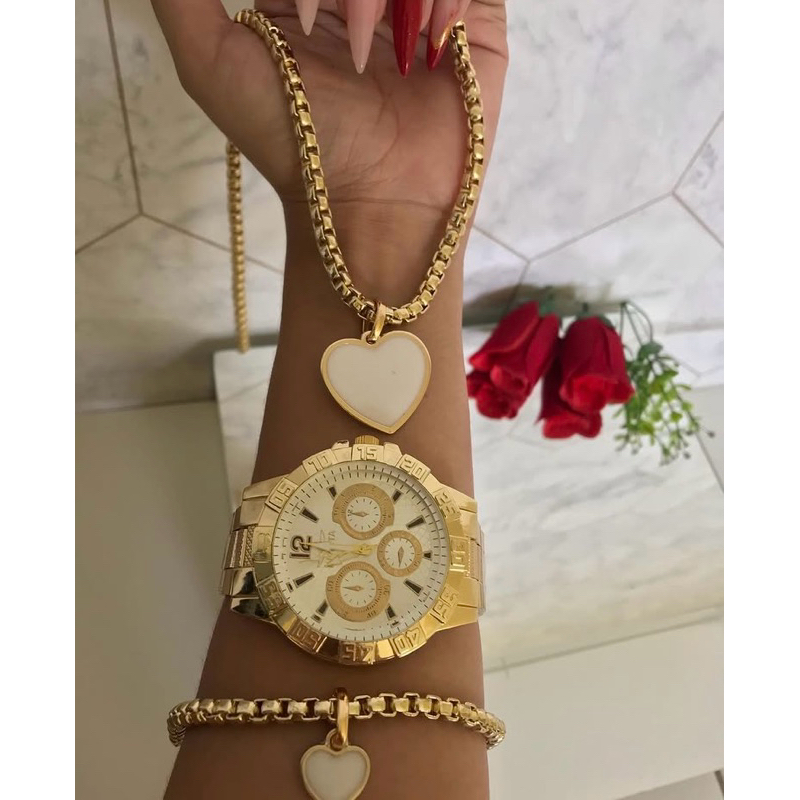 Kit Feminino Luxo com Relógio Bruto + Colar Elo Grosso + Pulseira | Joias Banhadas a Ouro | Pronta Entrega