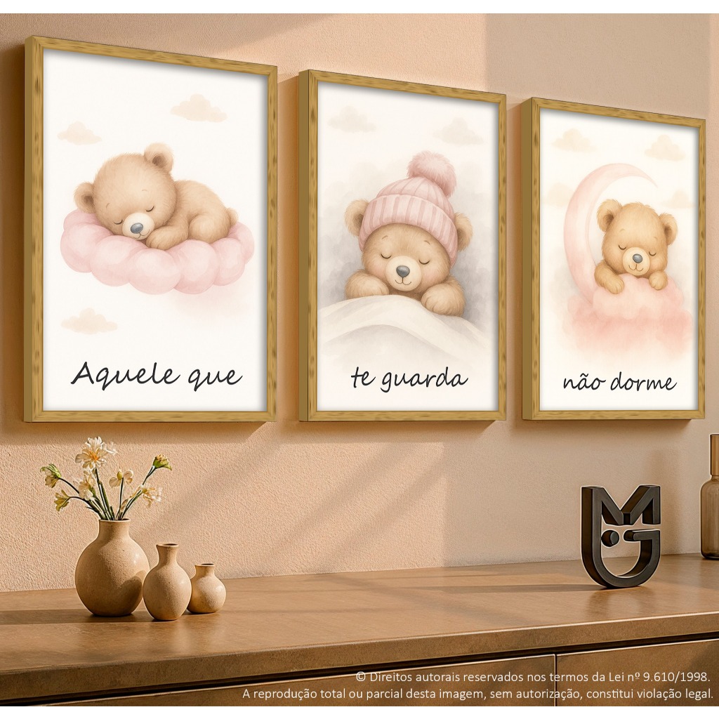 Quadro Decorativo Infantil 3 Peças Urso Ursinhos Rosa Delicado Decoração Quarto Bebe Menina em Oferta na Shopee