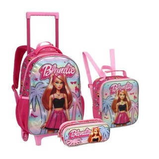 kit Mochila 3pçs Rodinha Gel Infantil Feminina Boneca Lancheira Térmica Estojo Escolar  Volta as Aulas