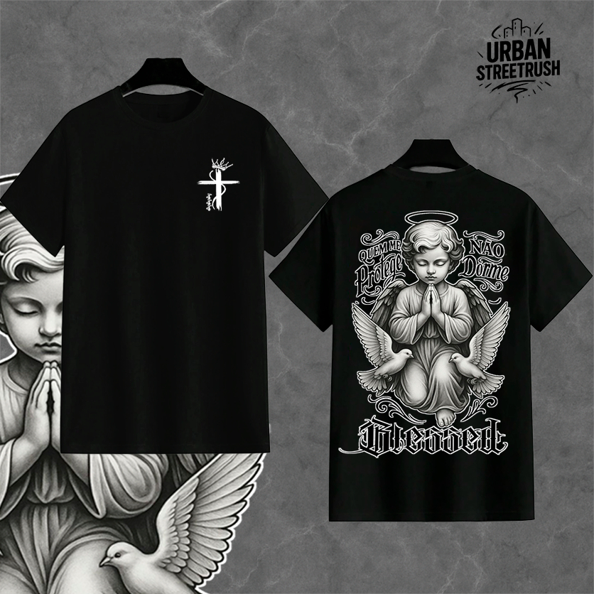 LANÇAMENTO: Camiseta Streetwear "Anjo BLESSED" - 30.1 Algodão, Estampa Elegante e Visual Imponente em Oferta na Shopee