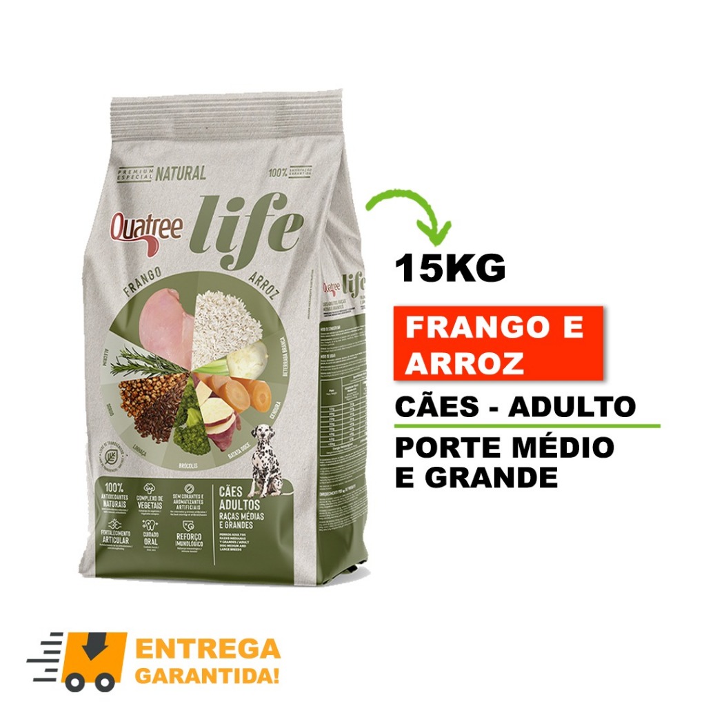 Ração Natural Quatree Life Para Cães Adultos porte Médio e Grande sabor frango e arroz 15kg