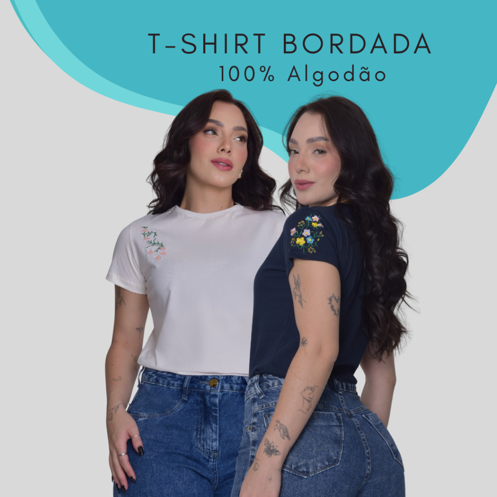 Kit 2 Camiseta T-Shirt Bordada Na Manga Gola Redonda 100% Algodão em Oferta na Shopee