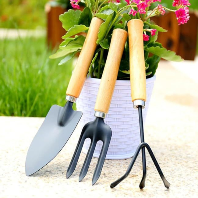 Kit 3 Peças Para Jardinagem Conjunto Mini Ferramentas Madeira Jardim Vaso Planta Horta Cultivo