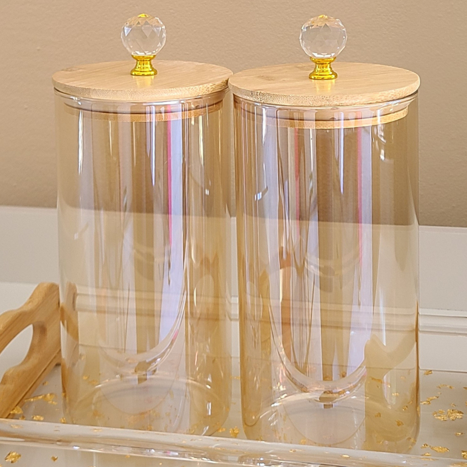 Pote de Vidro ÂMBAR CRISTAL LISO Luxo hermético com tampa bambu 1300ML Cozinha Porta Temperos