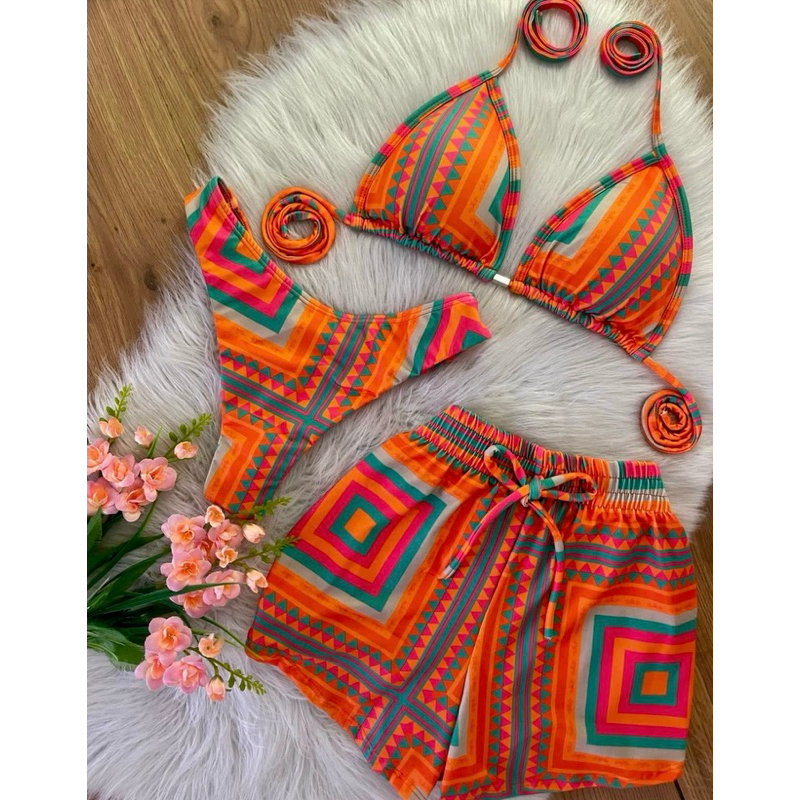 Conjunto trikini biquini Estampado saida shorts feminino Lançamento em Oferta na Shopee