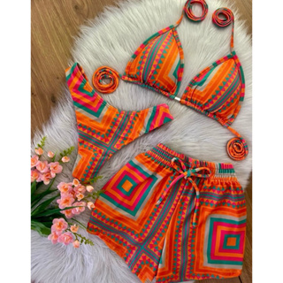 Conjunto trikini biquini Estampado saida shorts feminino Lançamento em Oferta na Shopee