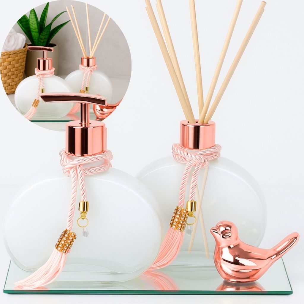 Kit Lavabo Luxo Vidro Jolie Degrade Branco 300ml com Passarinho e Bandeja Decorativa. — imagem 2 de 2