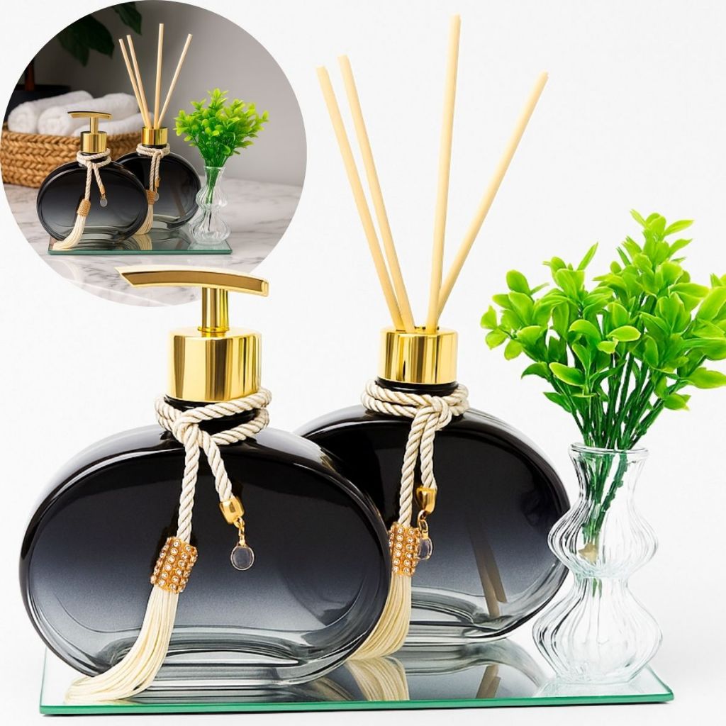 Kit Lavabo Luxo Vidro Jolie Degrade preto 300ml com Vaso Decorativo Bandeja Espelhada e Difusor