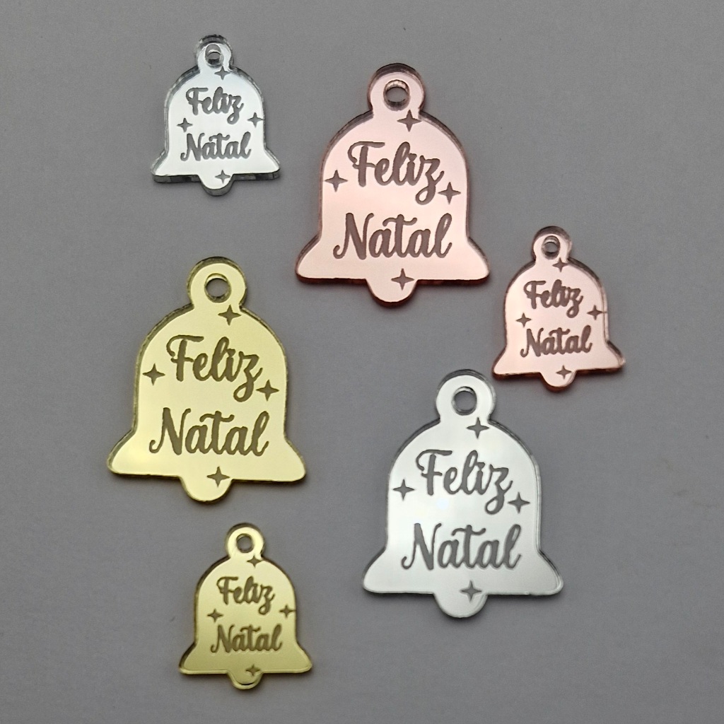 Aplique Sino “Feliz Natal” – Pingente / Tag – Acrílico Espelhado