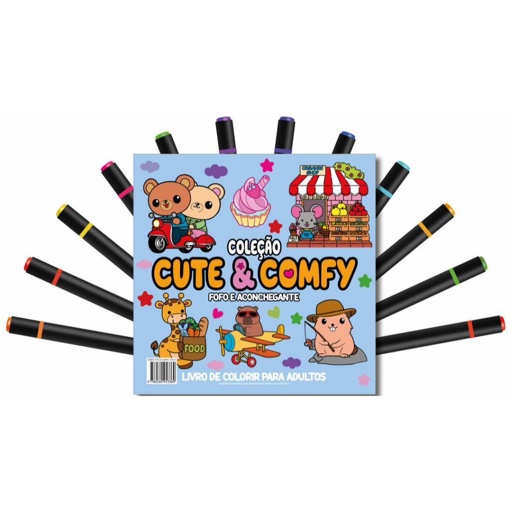 Cute & Comfy Coloring Book for Adults - Fofo e Aconchegante - Livro de Colorir Adulto + 12 Canetas