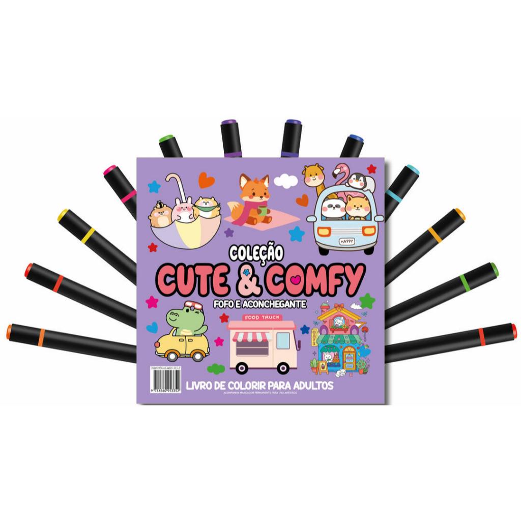 Cute & Comfy Coloring Book for Adults - Fofo e Aconchegante - Livro de Colorir Adulto + 12 Canetas
