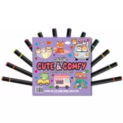 Cute & Comfy Coloring Book for Adults - Fofo e Aconchegante - Livro de Colorir Adulto + 12 Canetas