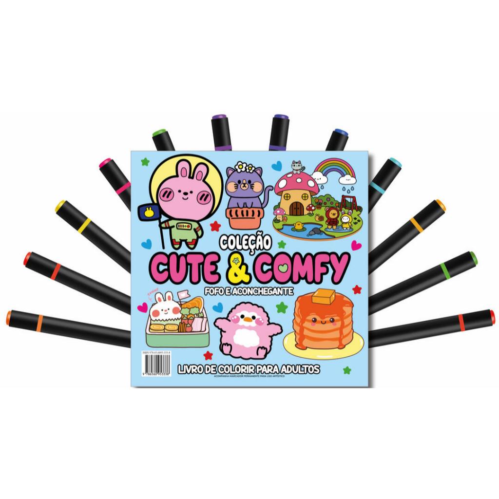 Cute & Comfy Coloring Book for Adults - Fofo e Aconchegante - Livro de Colorir Adulto + 12 Canetas