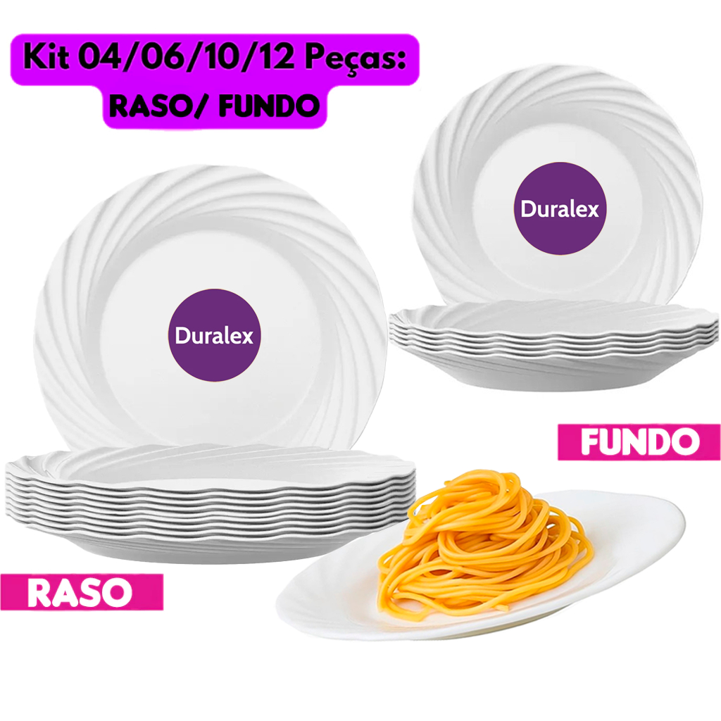 Jogo Kit 12/06/04UN Pratos Raso e Fundo Branco Vidro Duralex Jasmim Temperado Opaline Almoço Hotel