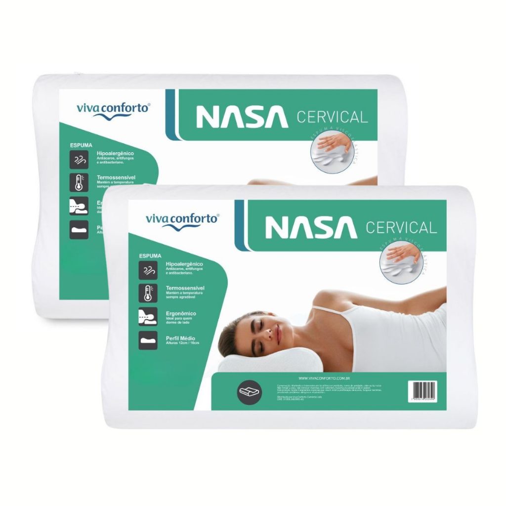 Kit 2 Travesseiros Nasa Cervical Viscoelástico Anatômico Antiácaro Ergonômico Viva Conforto