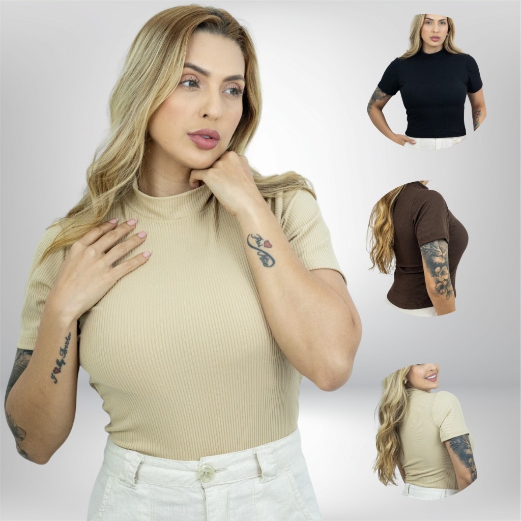Blusa Canelada Feminina Gola Alta Manga Curta Justa Básica Estilosa Casual P M G GG