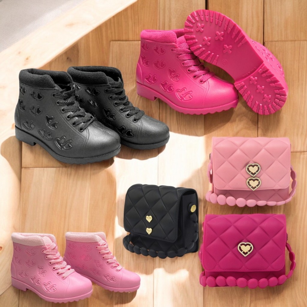 Conjunto Infantil Feminino | Bota + Bolsinha Coração, Confortável e Impermeável