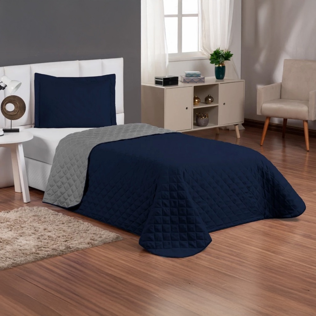 Kit Colcha Cobre Leito Infantil Menino Solteiro Com Viés 2 Peças Dupla Face azul