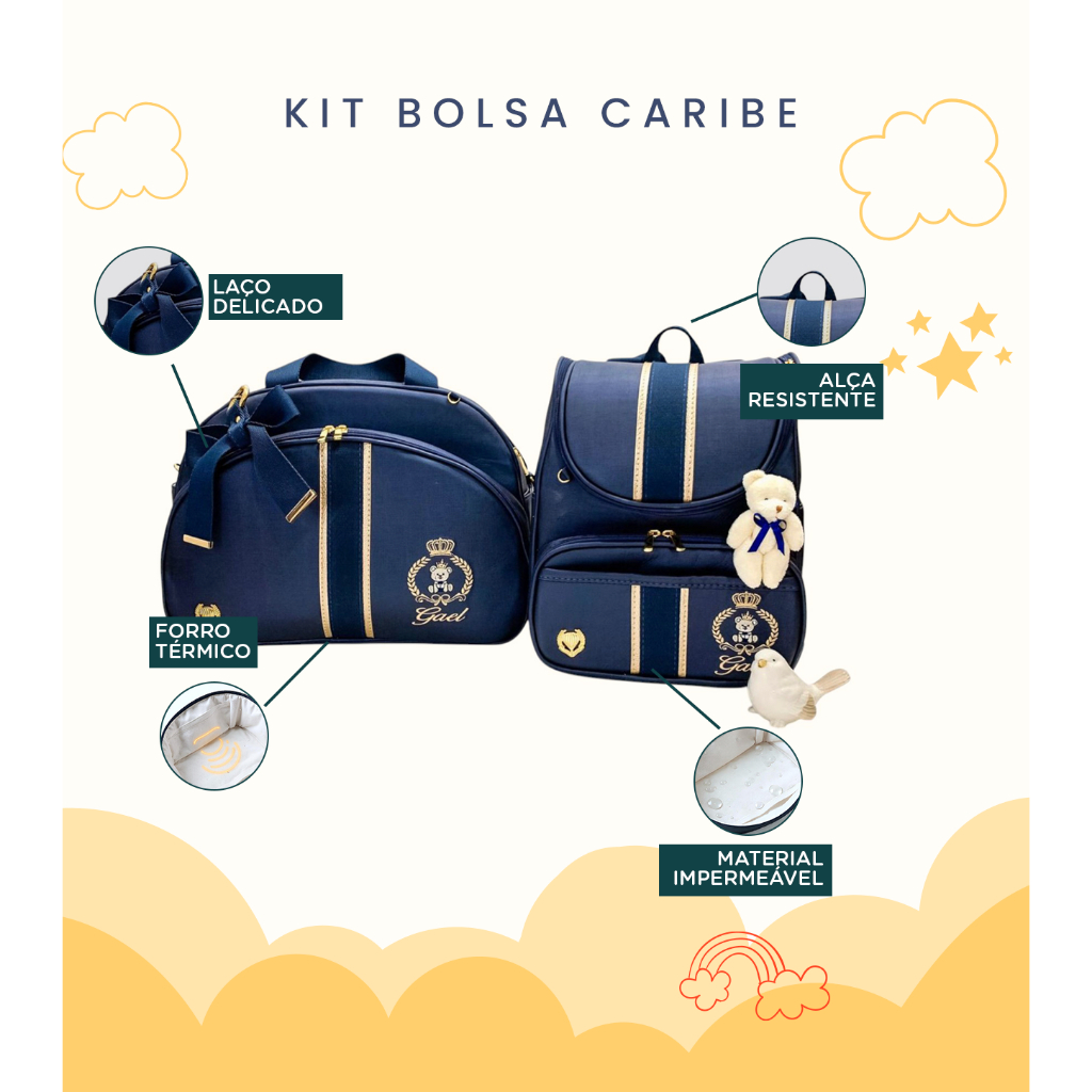 Kit Maternidade 2 Peças Bolsa e Mochila Personalizado Térmica Impermeável, Coleção Caribe