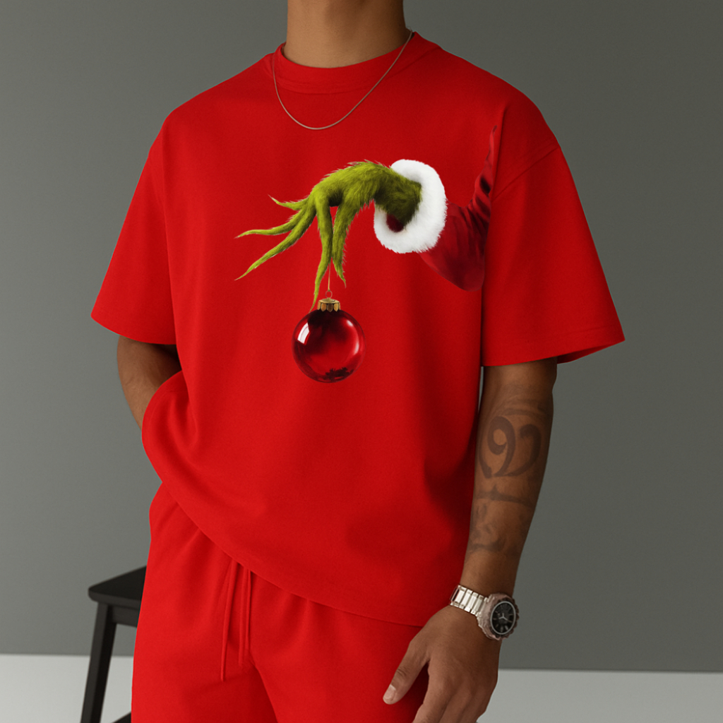 Camiseta Streetwear Masculina Grinch Mãozinha Natal 2025 Lançamento Varias Cores Tecido Algodão Manga Curta Gola Redonda