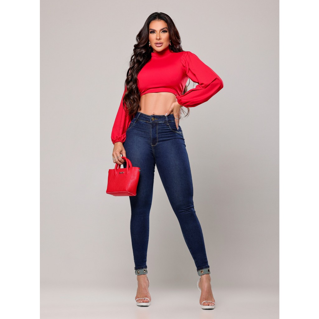 Calça Jeans Escura Skinny Feminina com Detalhe de Ilhós na Barra - Divine Jeans