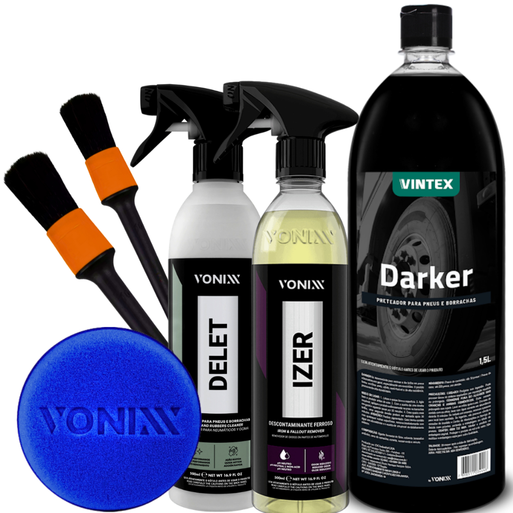 Darker Selante Pneu Pretinho + Delet Limpador Borracha + Izer Limpa Rodas Contaminação Ferrosa + 2 Pincel