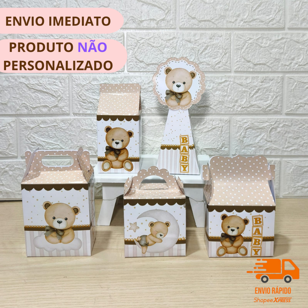 Kit Caixinhas Ursinho Marrom– Chá Revelação Neutro /Lembrancinhas / Kit Festa Pegue e Monte – Pronta Entrega (PE)