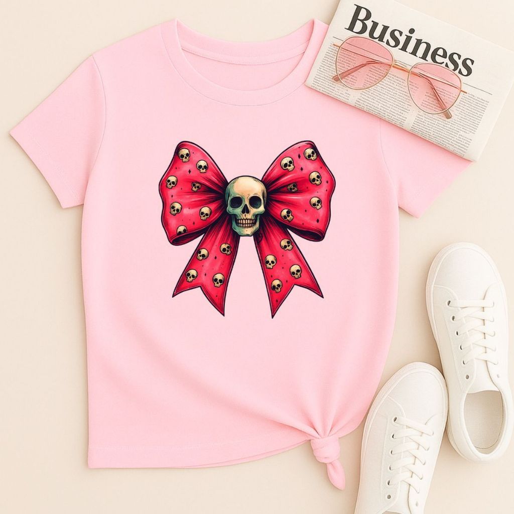 Camiseta Caveira Com Laço Estilo Rock Infantil Juvenil Look Juvenil Despochado Meninas Algodão