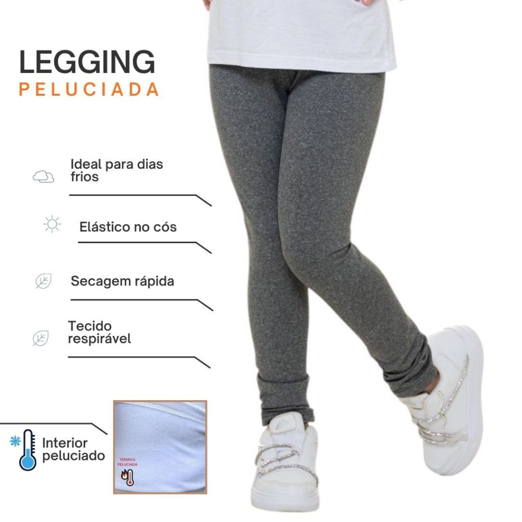 Calça Legging Infantil Feminina Suplex Peluciado Anti Transparência Cintura Alta Térmica