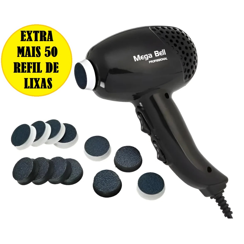 Pedicuro Elétrico Profissional Mega Bell Preto Com 12 Lixas Preto 110 Ou 220V + Brinde 50 lixas