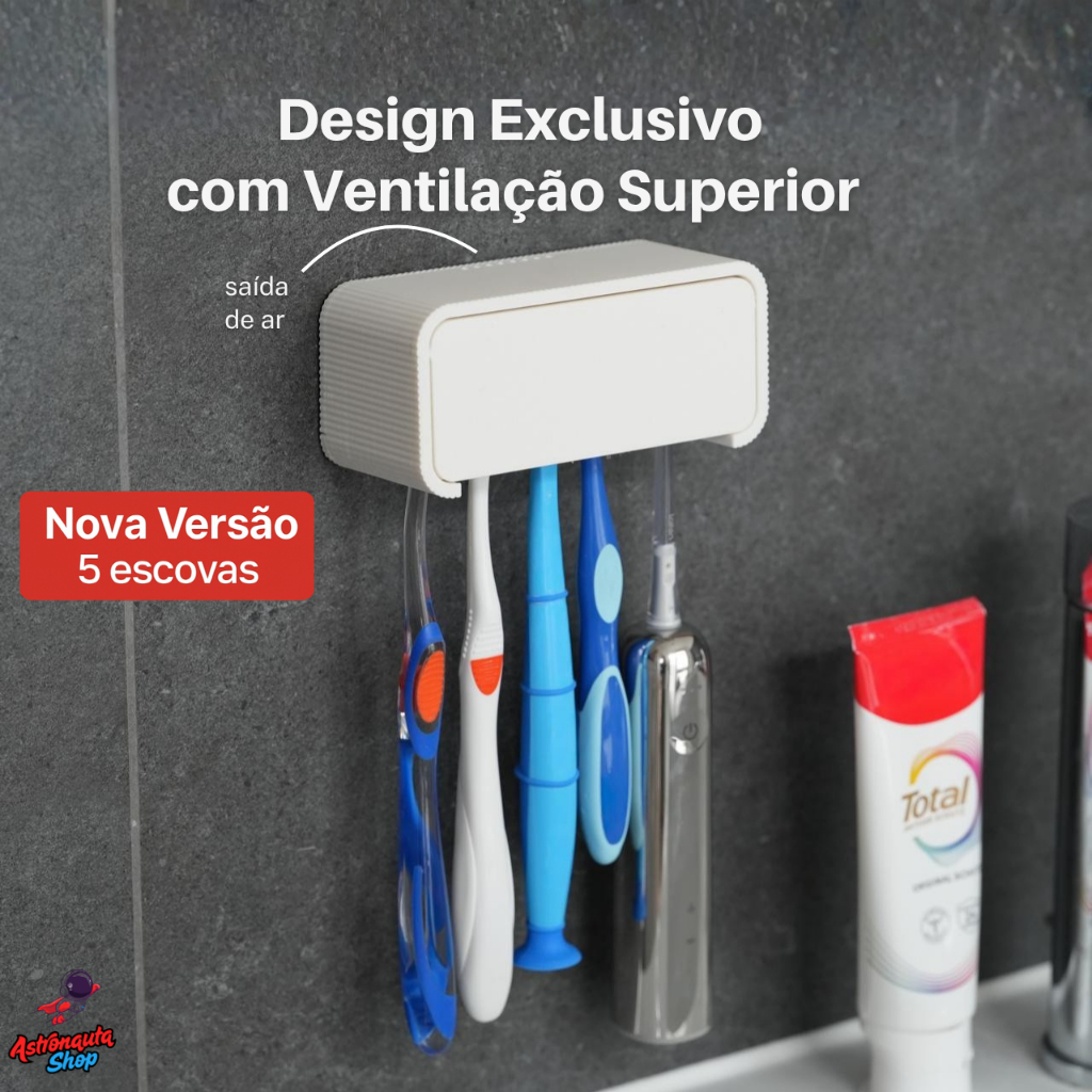 Porta Escovas de Dente Parede – Fixação Sem Furo – Suporte Para até 5 Escovas + Fita Dupla Face Fort em Oferta na Shopee