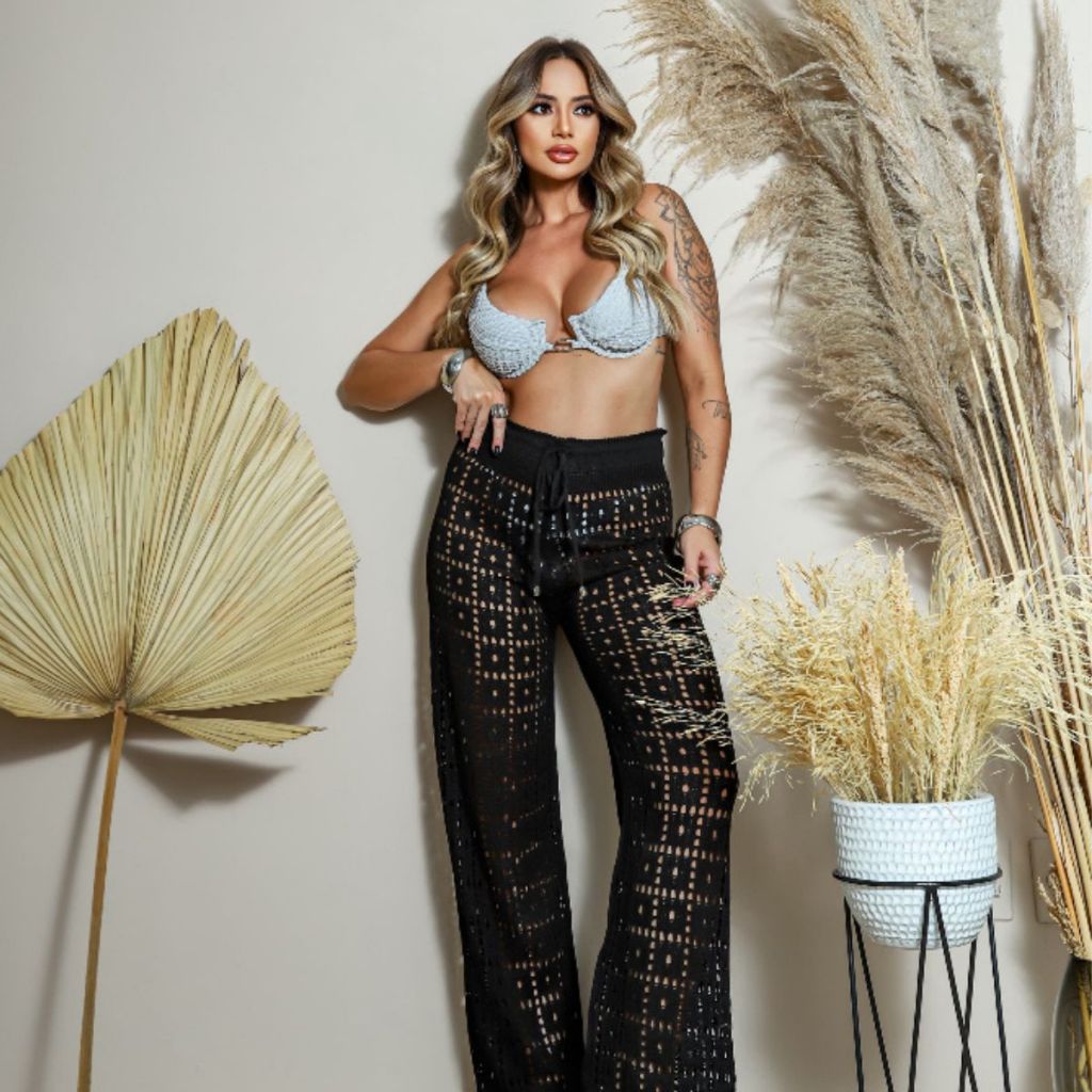 Calça Feminina Pantalona Tricot Premium Saída de Praia Estilo Crochê Quadros – RS Malhas em Oferta na Shopee